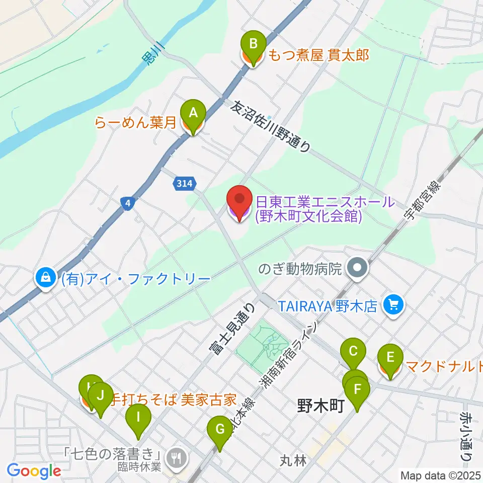 日東工業エニスホール周辺のファミレス・ファーストフード一覧地図