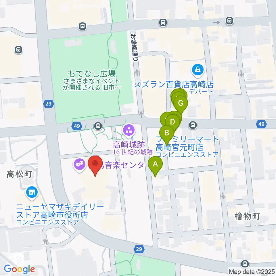 群馬音楽センター周辺のファミレス・ファーストフード一覧地図