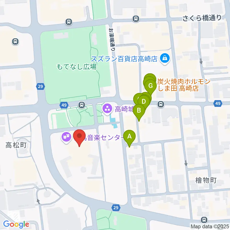 群馬音楽センター周辺のファミレス・ファーストフード一覧地図