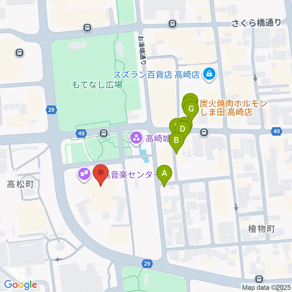 群馬音楽センター周辺のファミレス・ファーストフード一覧地図