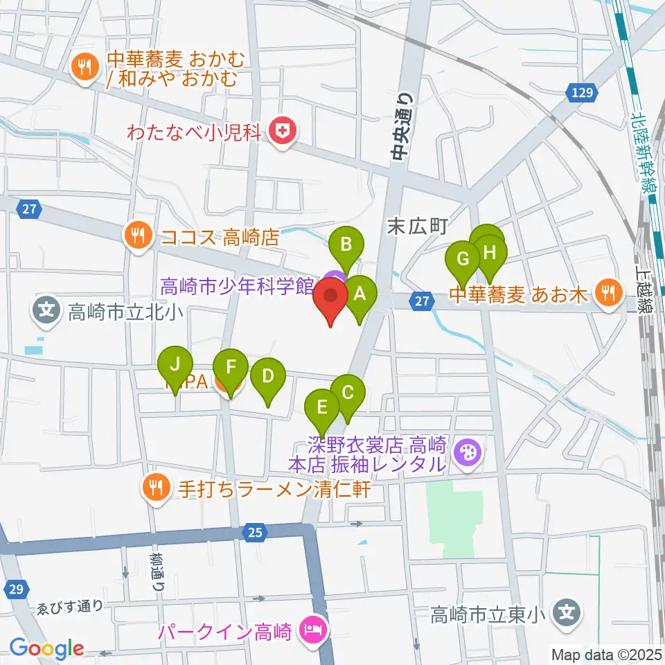 高崎市文化会館周辺のファミレス・ファーストフード一覧地図