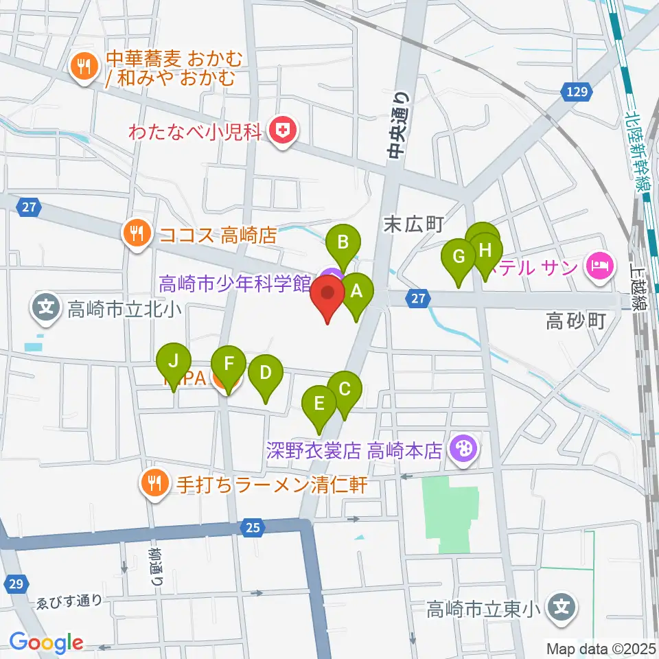 高崎市文化会館周辺のファミレス・ファーストフード一覧地図