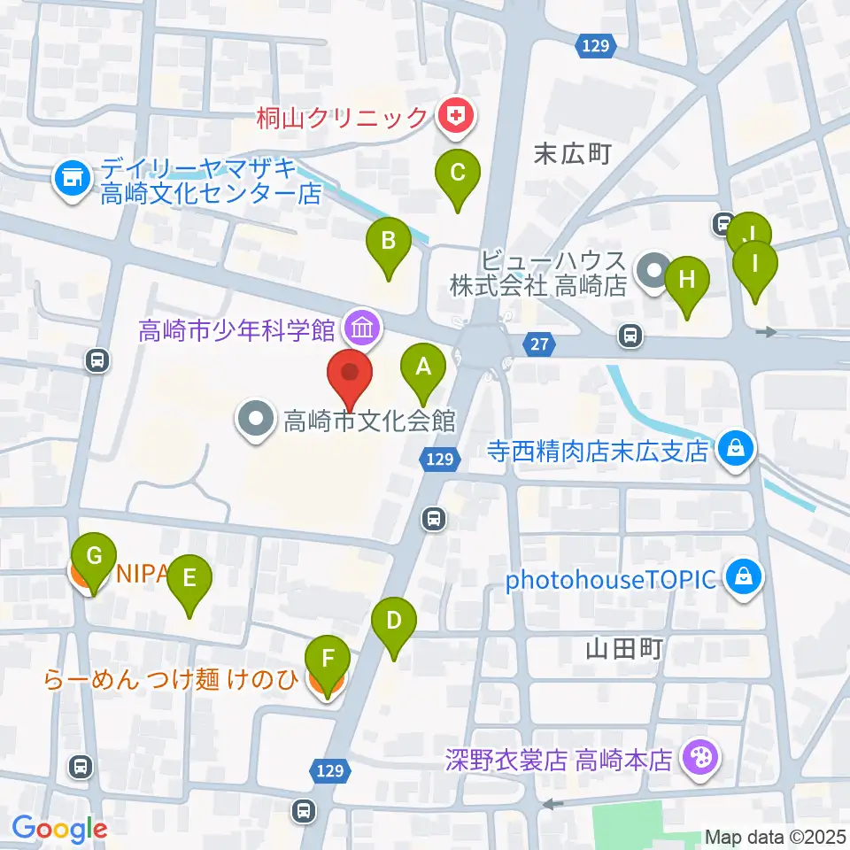 高崎市文化会館周辺のファミレス・ファーストフード一覧地図