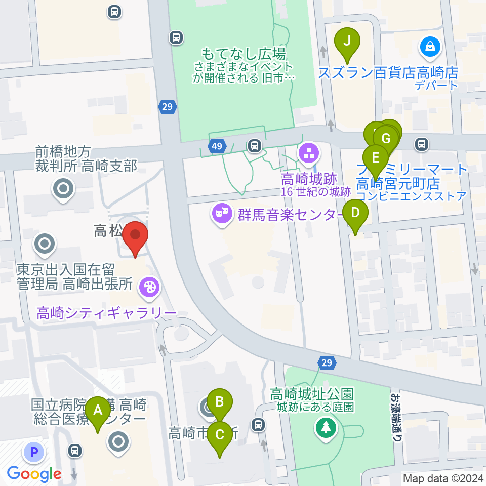 高崎シティギャラリー周辺のファミレス・ファーストフード一覧地図