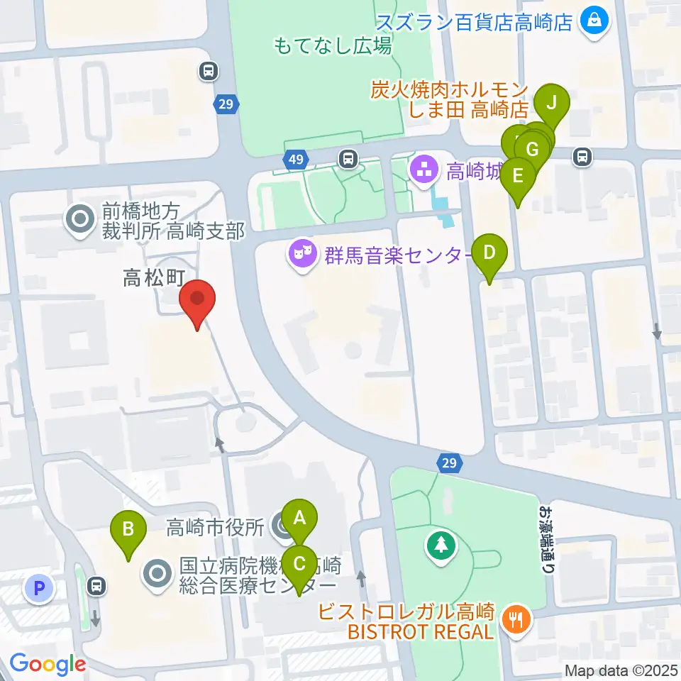高崎シティギャラリー周辺のファミレス・ファーストフード一覧地図