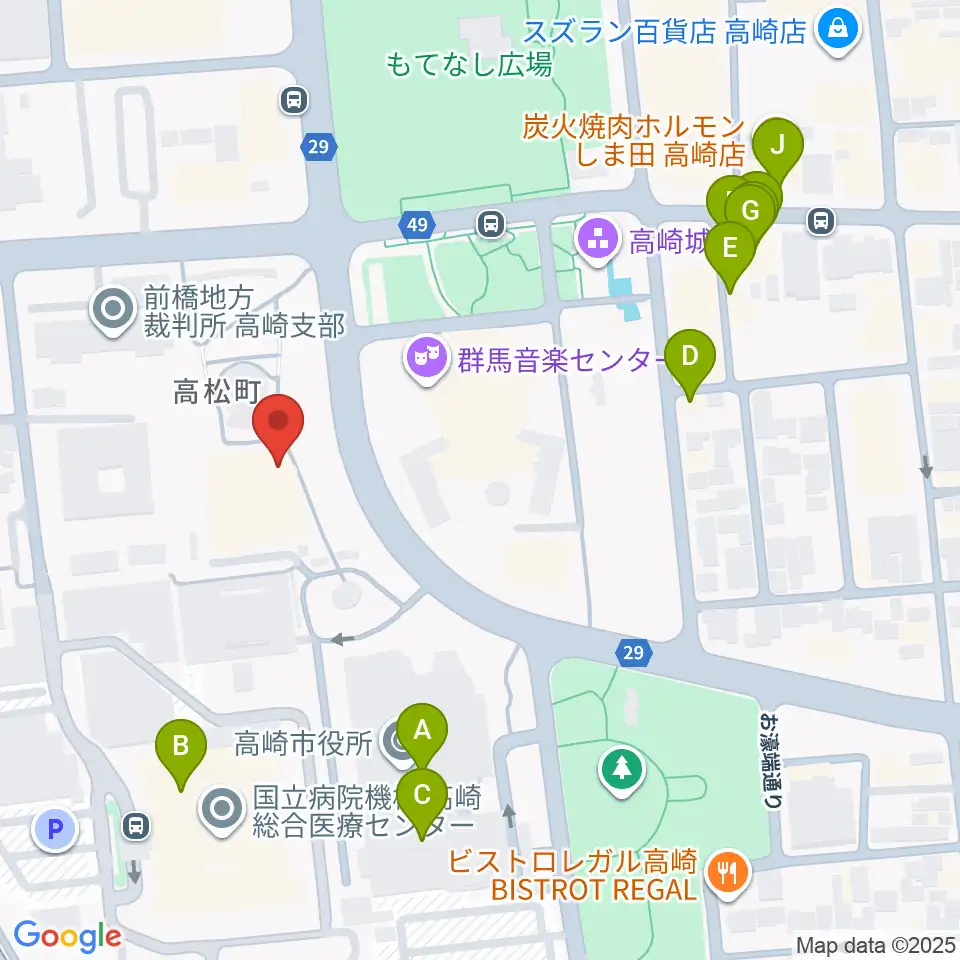 高崎シティギャラリー周辺のファミレス・ファーストフード一覧地図