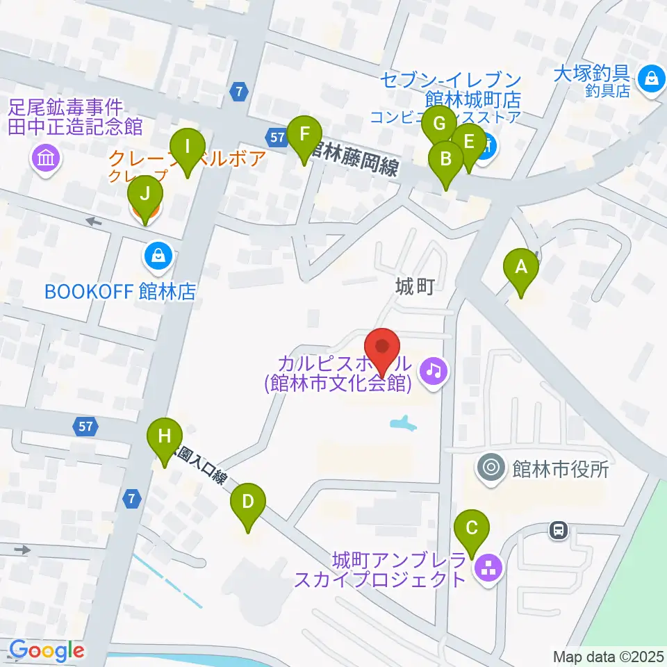 館林市文化会館周辺のファミレス・ファーストフード一覧地図