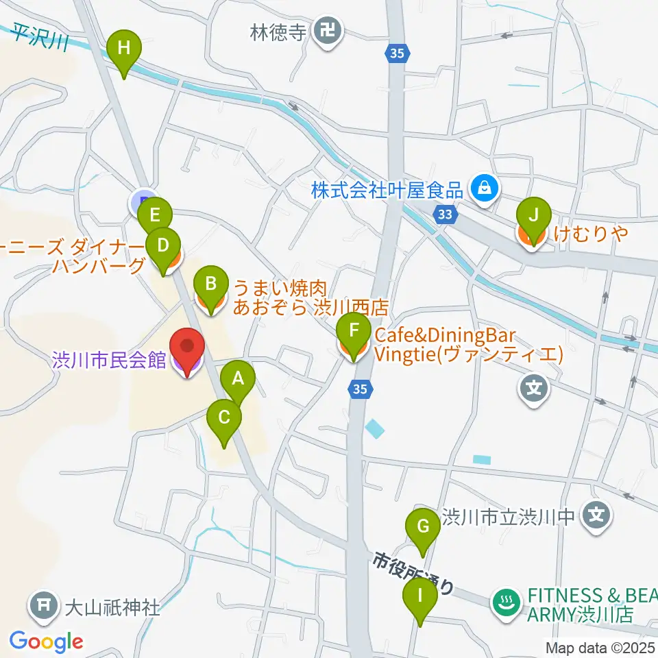 渋川市民会館周辺のファミレス・ファーストフード一覧地図