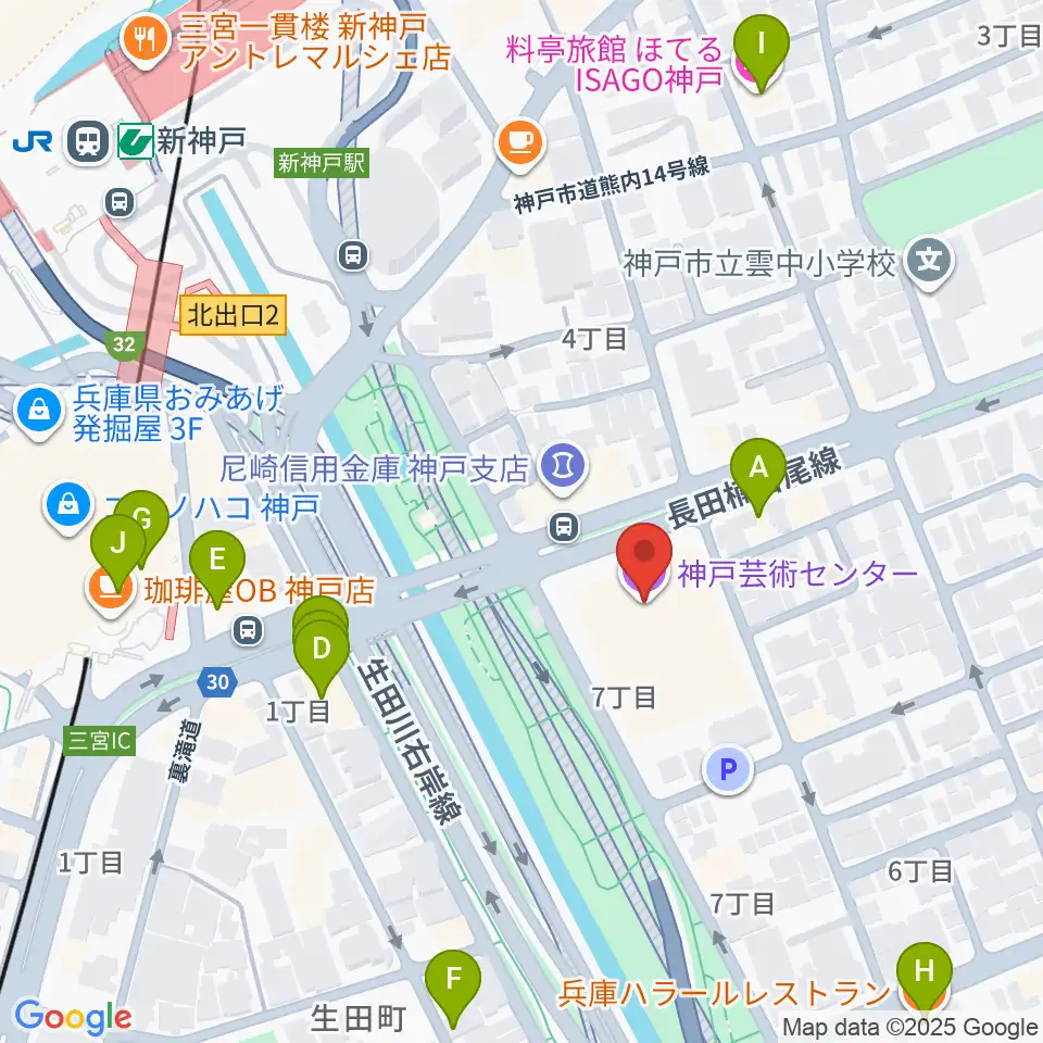 神戸芸術センター周辺のファミレス・ファーストフード一覧地図