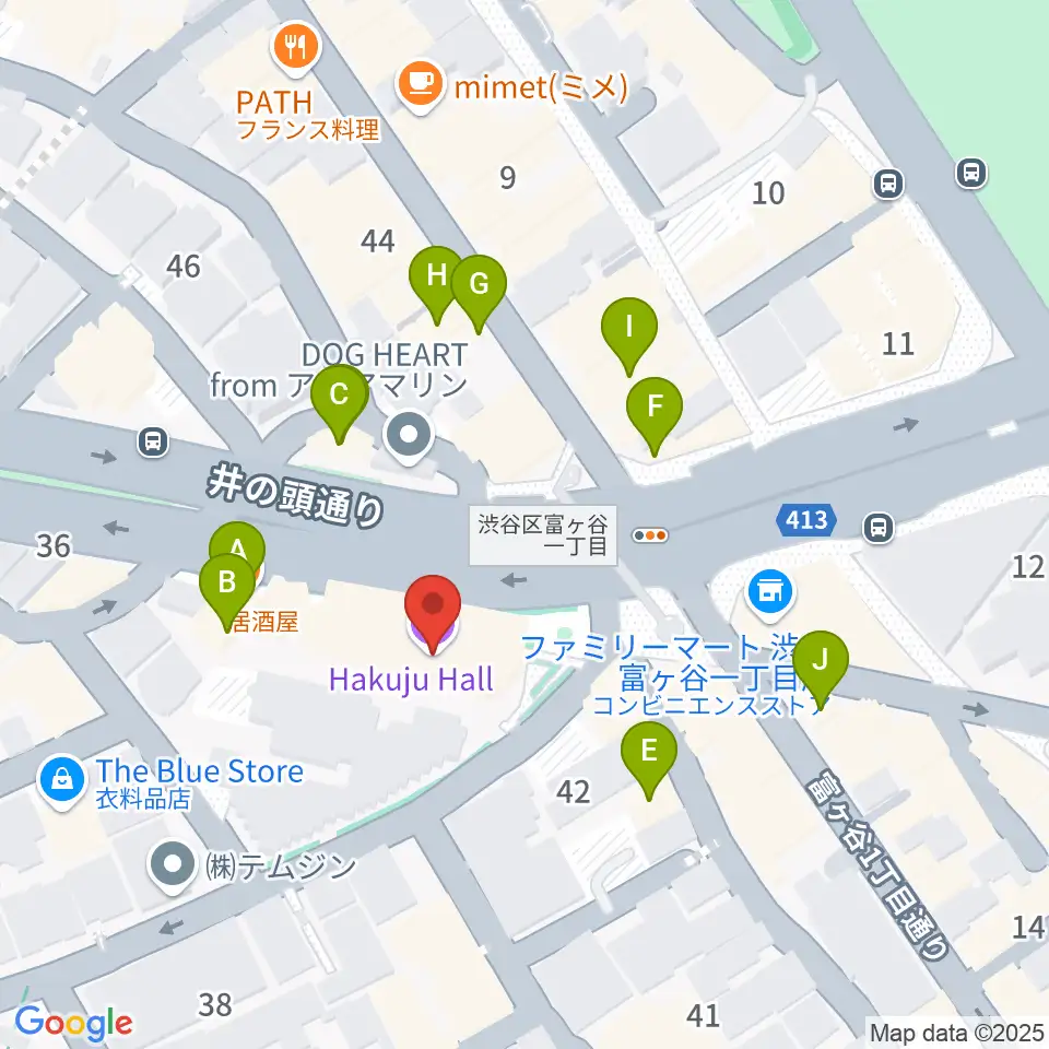 ハクジュホール周辺のファミレス・ファーストフード一覧地図