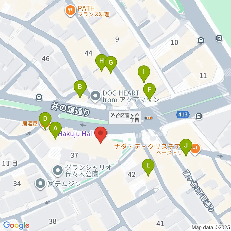 ハクジュホール周辺のファミレス・ファーストフード一覧地図