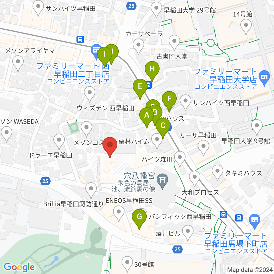 早稲田奉仕園スコットホール周辺のファミレス・ファーストフード一覧地図