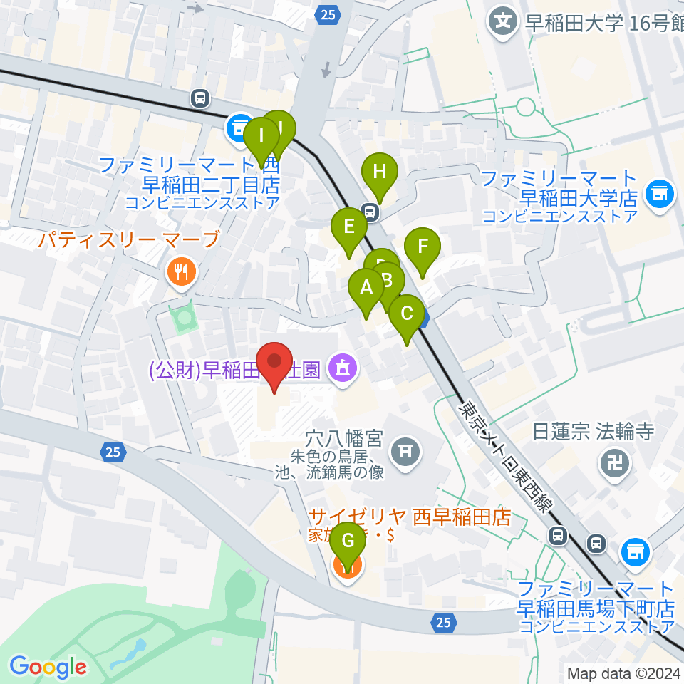 早稲田奉仕園スコットホール周辺のファミレス・ファーストフード一覧地図