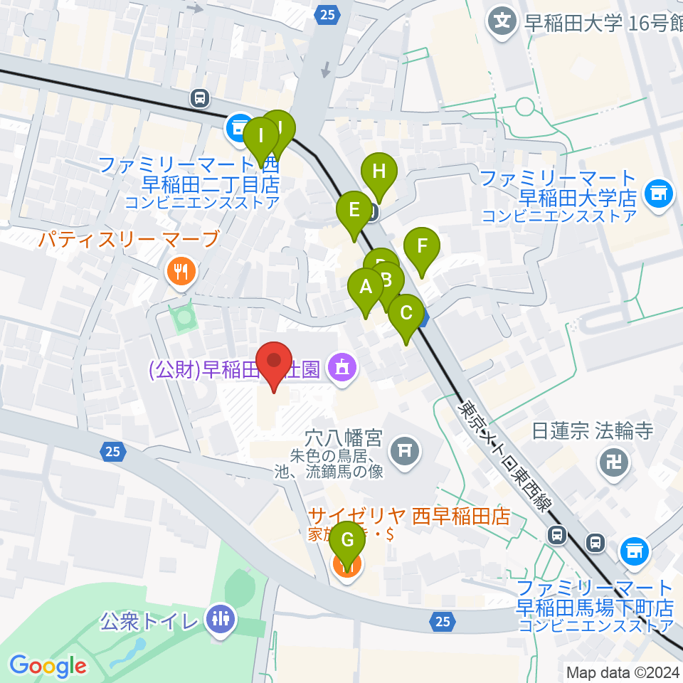 早稲田奉仕園スコットホール周辺のファミレス・ファーストフード一覧地図