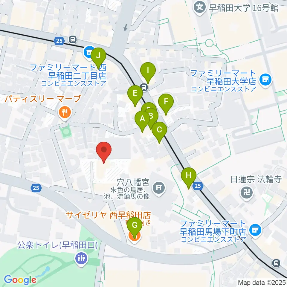 早稲田奉仕園スコットホール周辺のファミレス・ファーストフード一覧地図