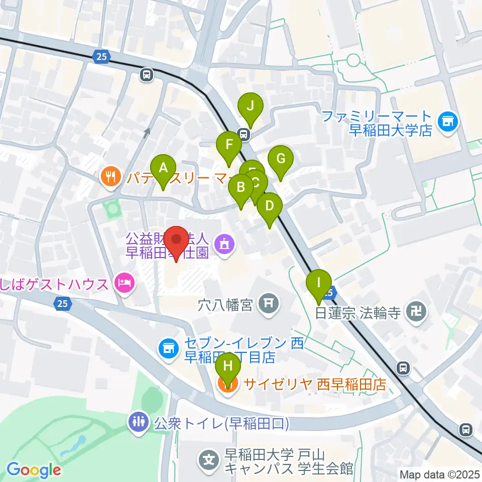 早稲田奉仕園スコットホール周辺のファミレス・ファーストフード一覧地図