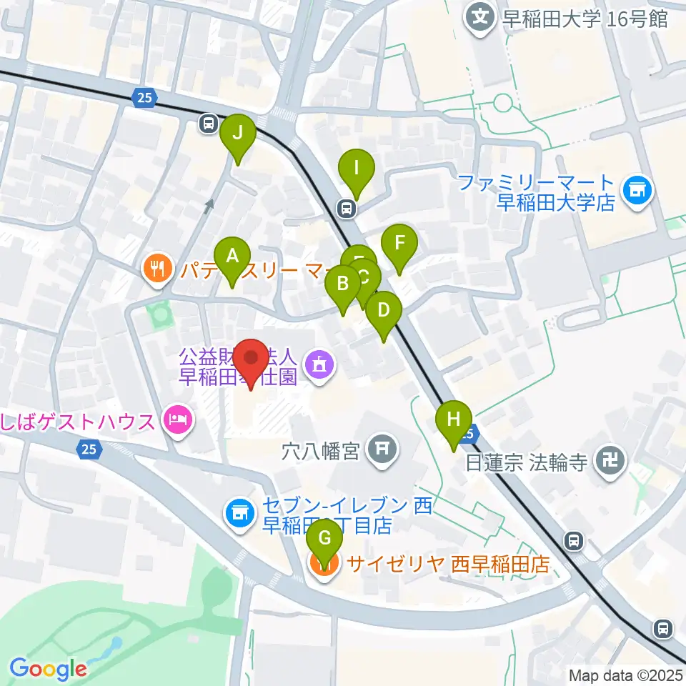 早稲田奉仕園スコットホール周辺のファミレス・ファーストフード一覧地図