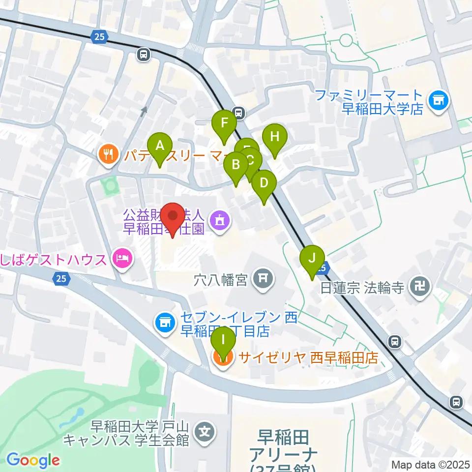 早稲田奉仕園スコットホール周辺のファミレス・ファーストフード一覧地図