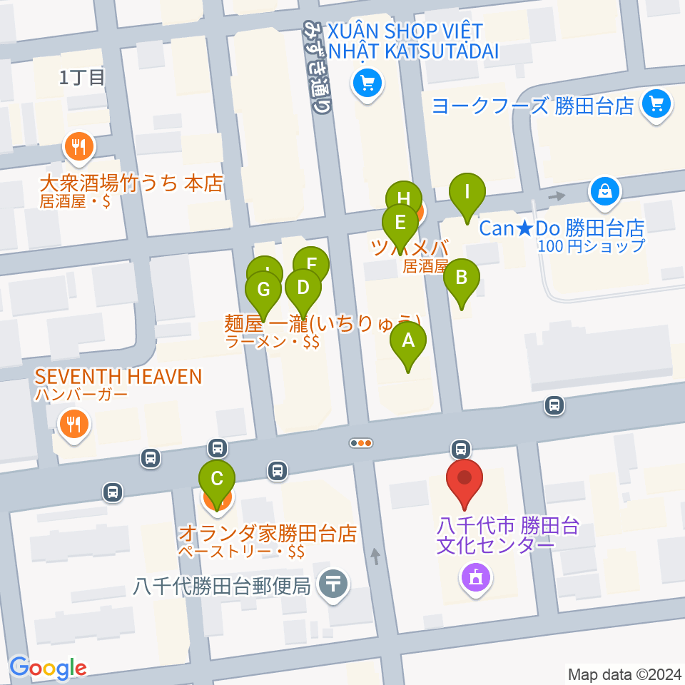 勝田台文化センター周辺のファミレス・ファーストフード一覧地図