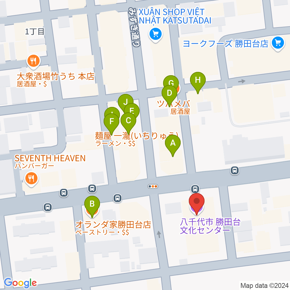 勝田台文化センター周辺のファミレス・ファーストフード一覧地図