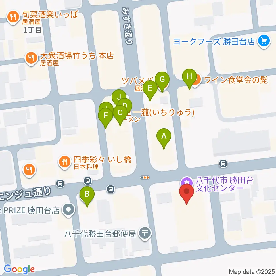 勝田台文化センター周辺のファミレス・ファーストフード一覧地図