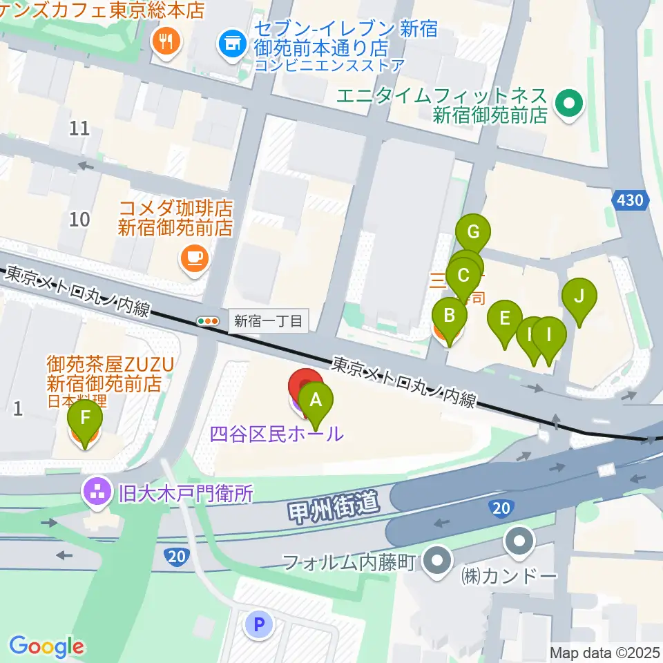 四谷区民ホール周辺のファミレス・ファーストフード一覧地図