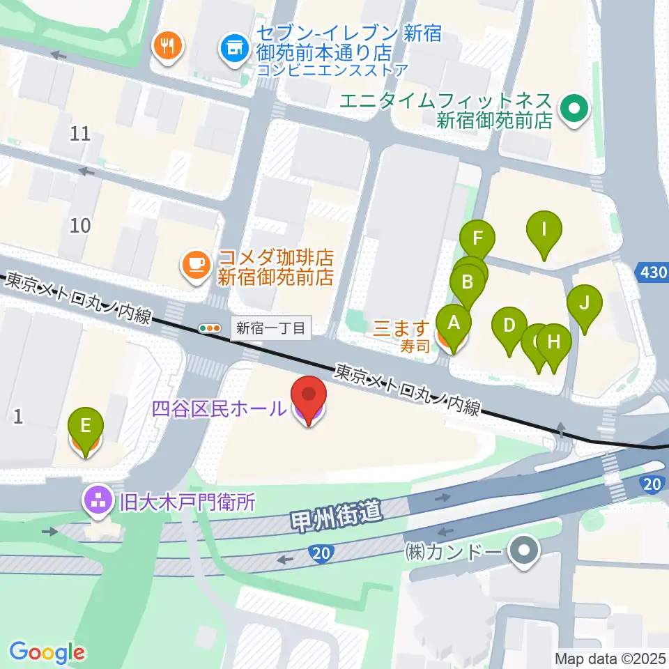四谷区民ホール周辺のファミレス・ファーストフード一覧地図