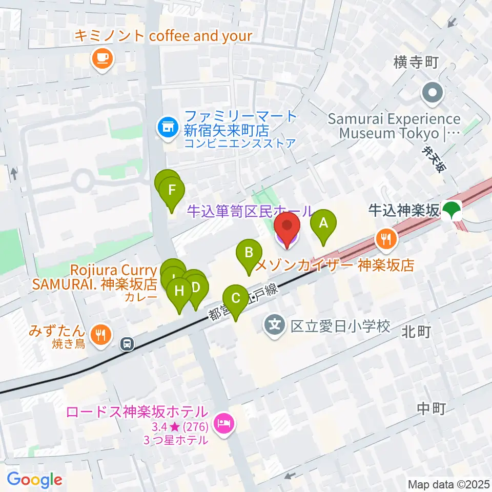 牛込箪笥区民ホール周辺のファミレス・ファーストフード一覧地図