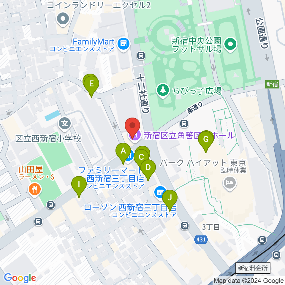 角筈区民ホール周辺のファミレス・ファーストフード一覧地図