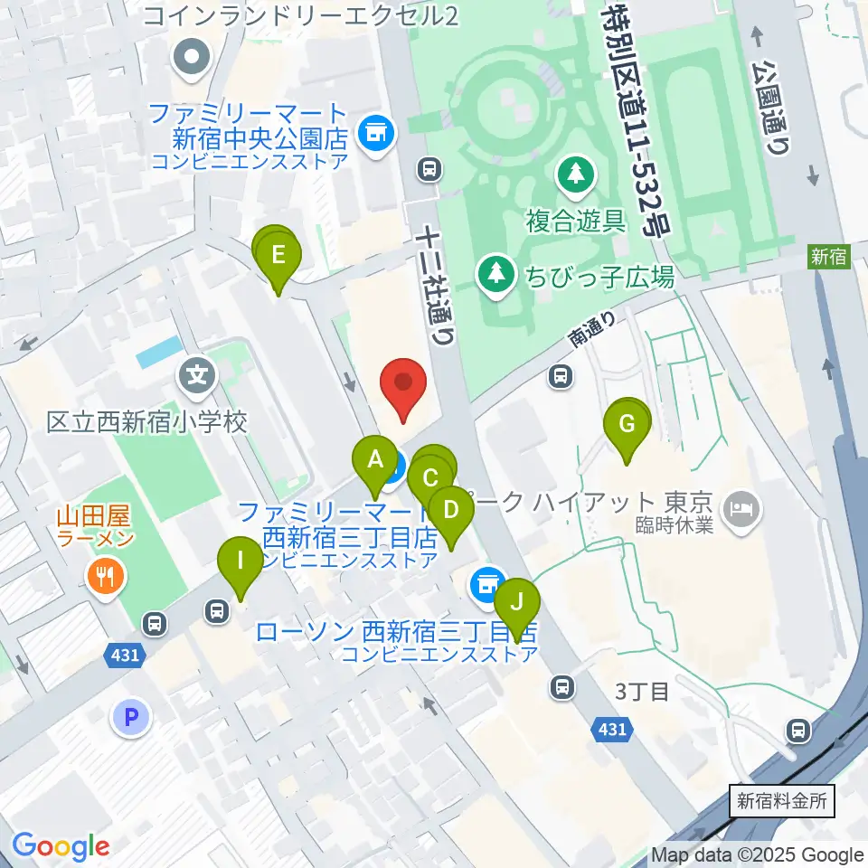 角筈区民ホール周辺のファミレス・ファーストフード一覧地図