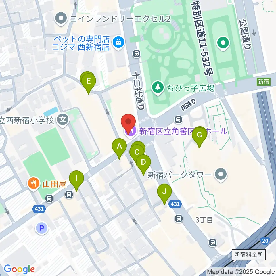 角筈区民ホール周辺のファミレス・ファーストフード一覧地図