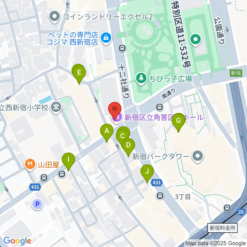 角筈区民ホール周辺のファミレス・ファーストフード一覧地図