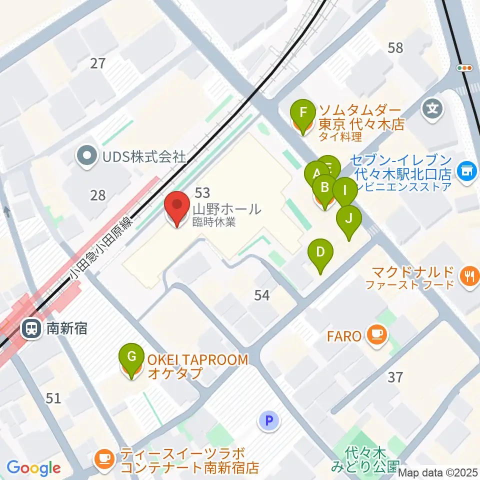 山野ホール周辺のファミレス・ファーストフード一覧地図