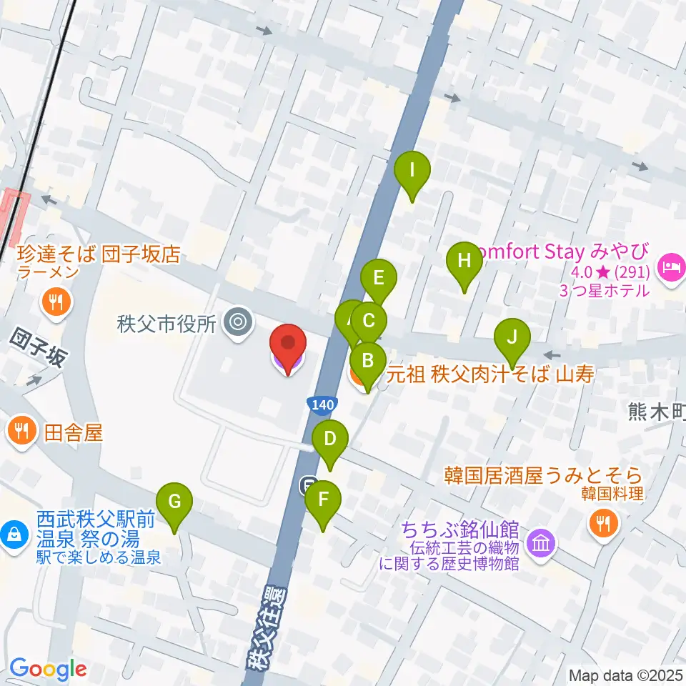 秩父宮記念市民会館周辺のファミレス・ファーストフード一覧地図