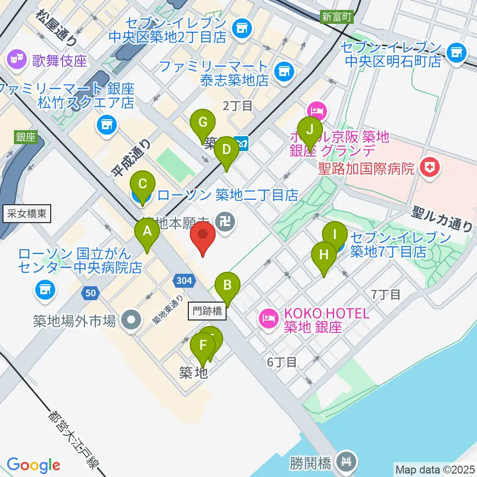 築地本願寺ブディストホール周辺のコンビニエンスストア一覧地図