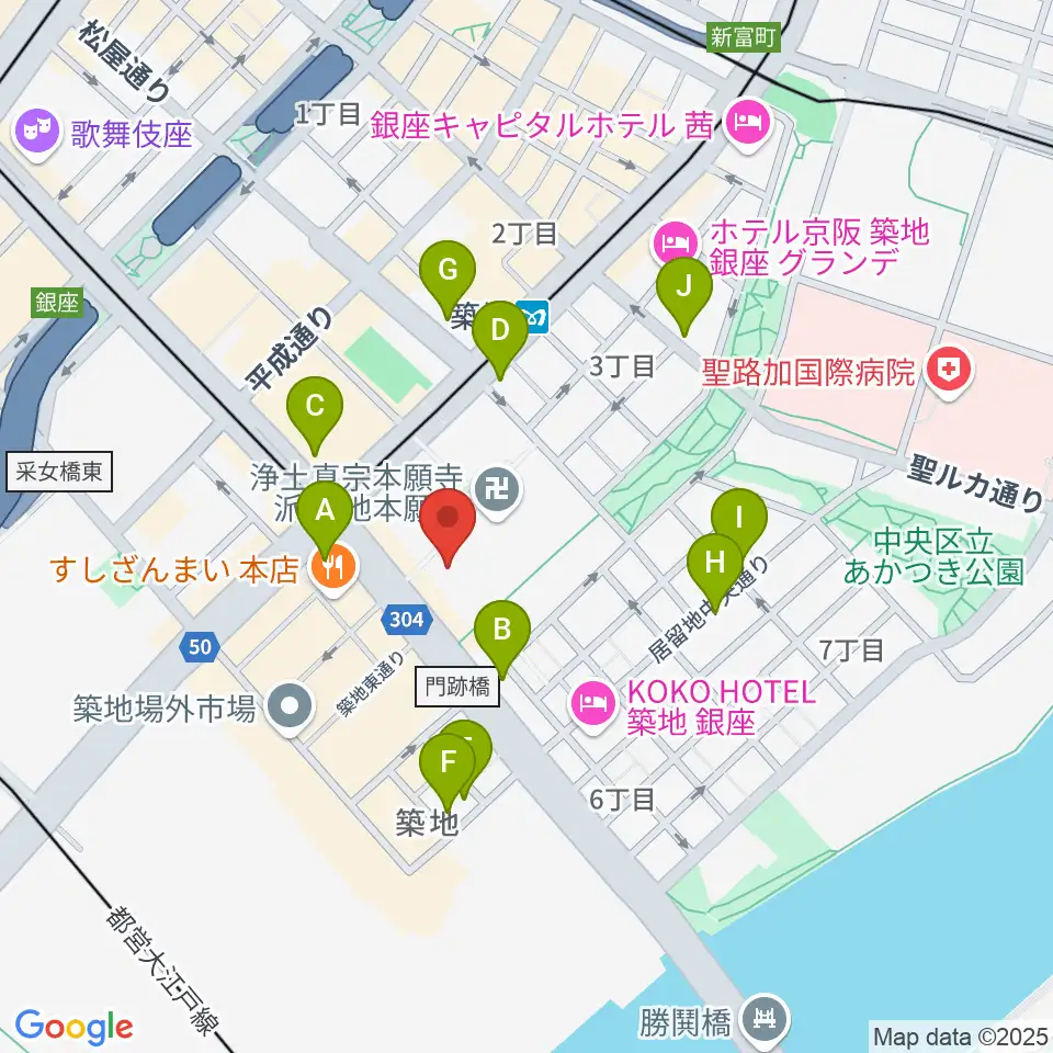 築地本願寺ブディストホール周辺のコンビニエンスストア一覧地図
