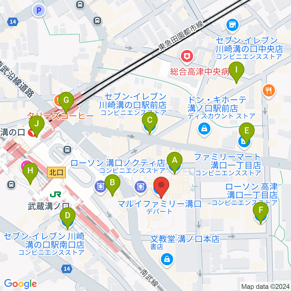 川崎市高津市民館周辺のコンビニエンスストア一覧地図