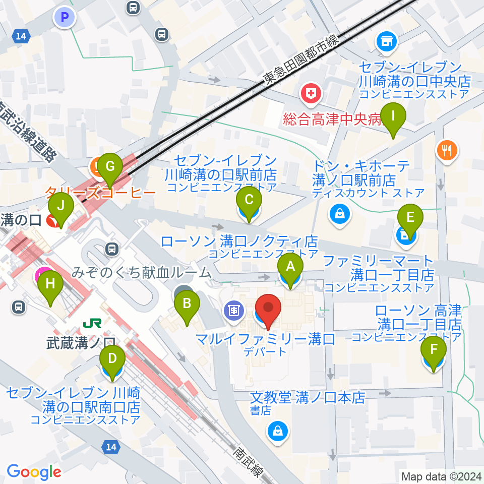 川崎市高津市民館周辺のコンビニエンスストア一覧地図