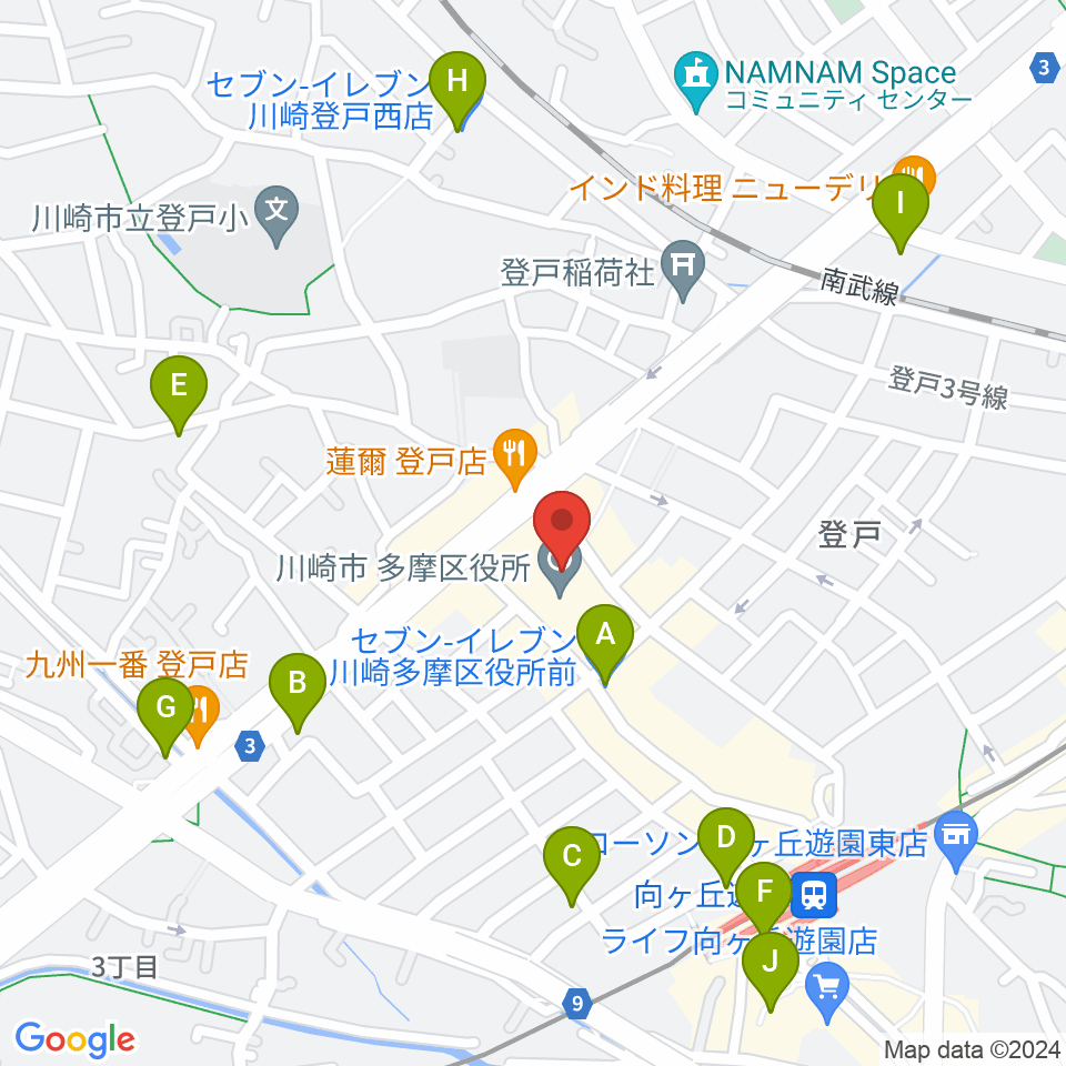 川崎市多摩市民館周辺のコンビニエンスストア一覧地図