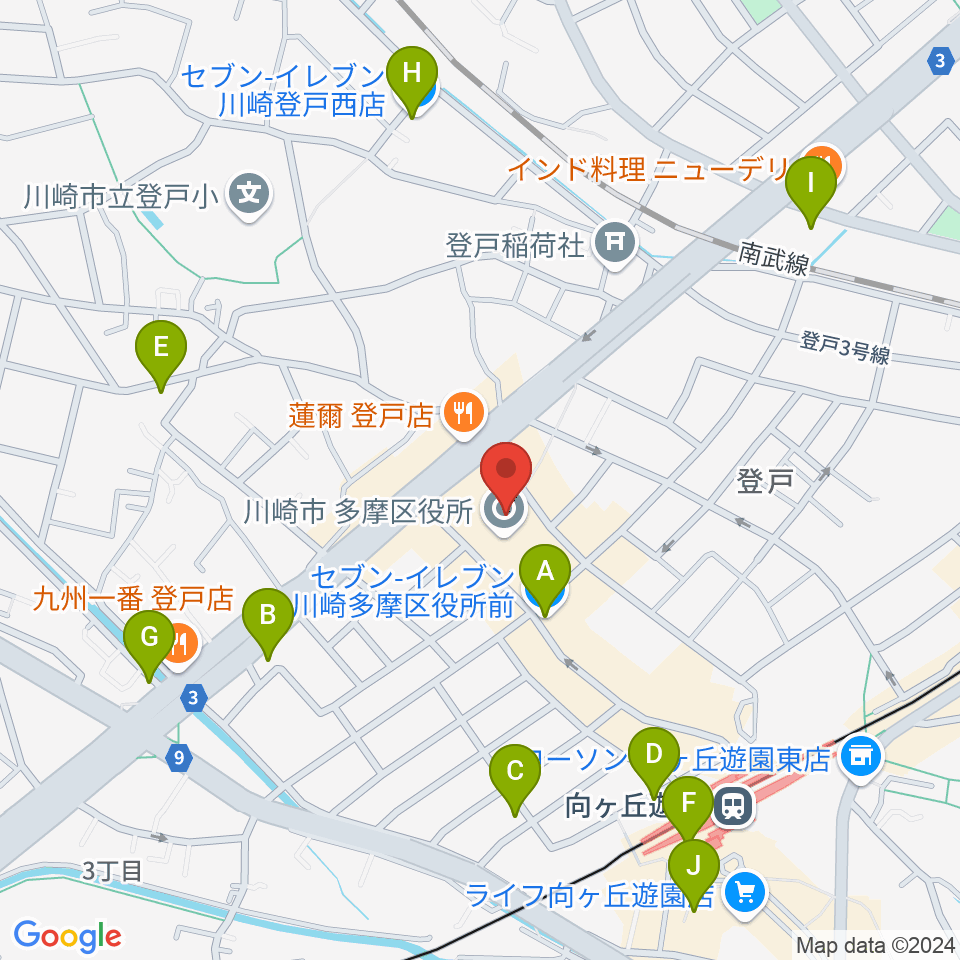 川崎市多摩市民館周辺のコンビニエンスストア一覧地図