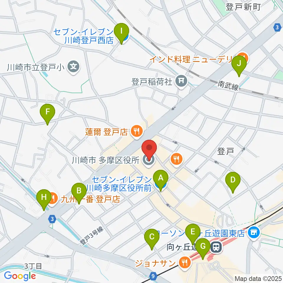 川崎市多摩市民館周辺のコンビニエンスストア一覧地図