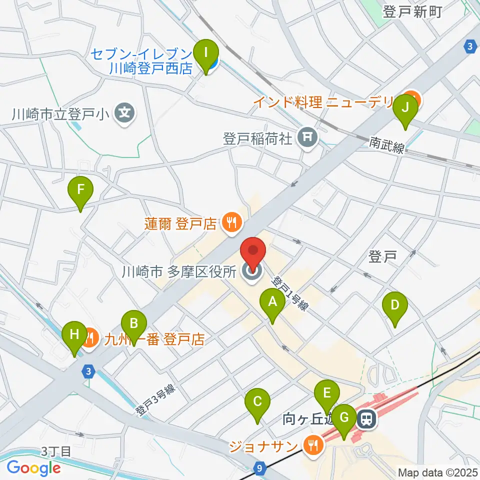 川崎市多摩市民館周辺のコンビニエンスストア一覧地図