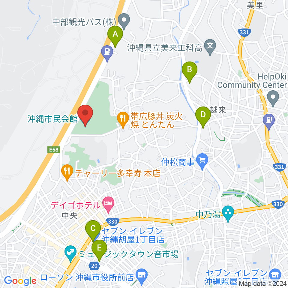 沖縄市民会館周辺のコンビニエンスストア一覧地図