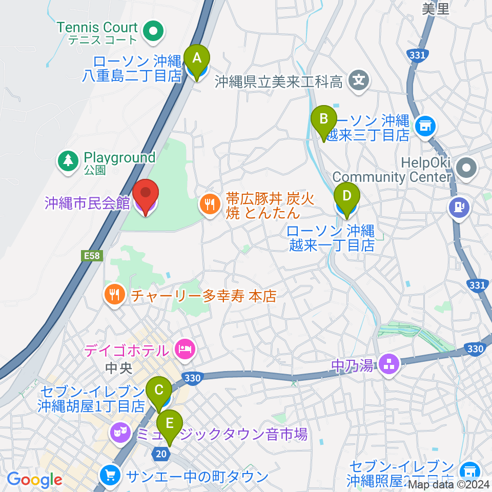 沖縄市民会館周辺のコンビニエンスストア一覧地図