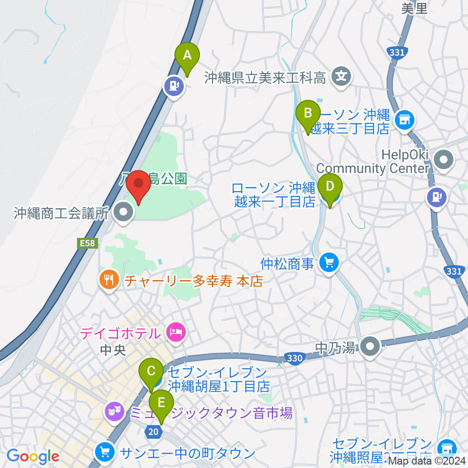 沖縄市民会館周辺のコンビニエンスストア一覧地図