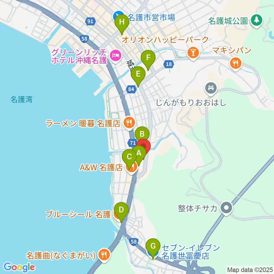 名護BIRDLAND周辺のコンビニエンスストア一覧地図