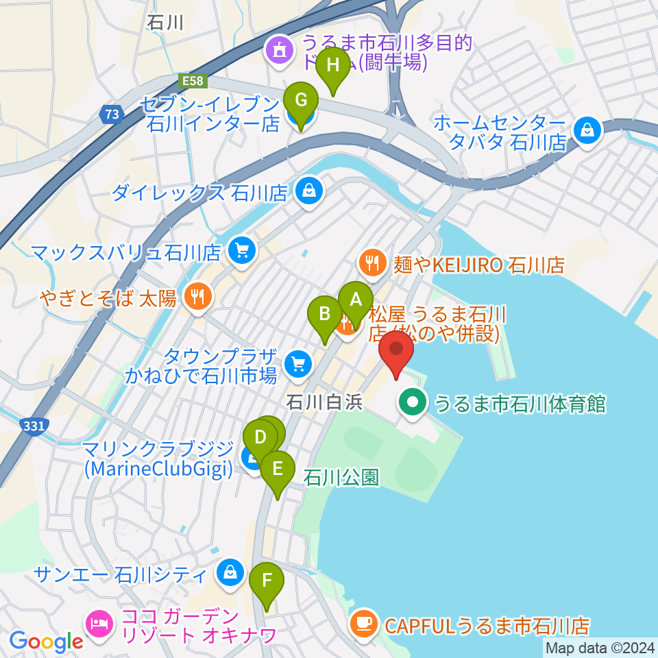 うるま市石川会館周辺のコンビニエンスストア一覧地図