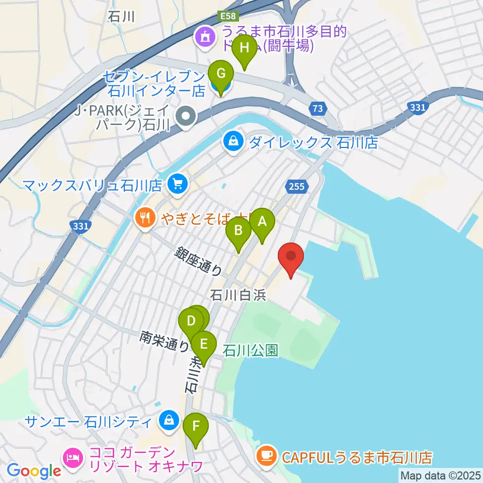 うるま市石川会館周辺のコンビニエンスストア一覧地図