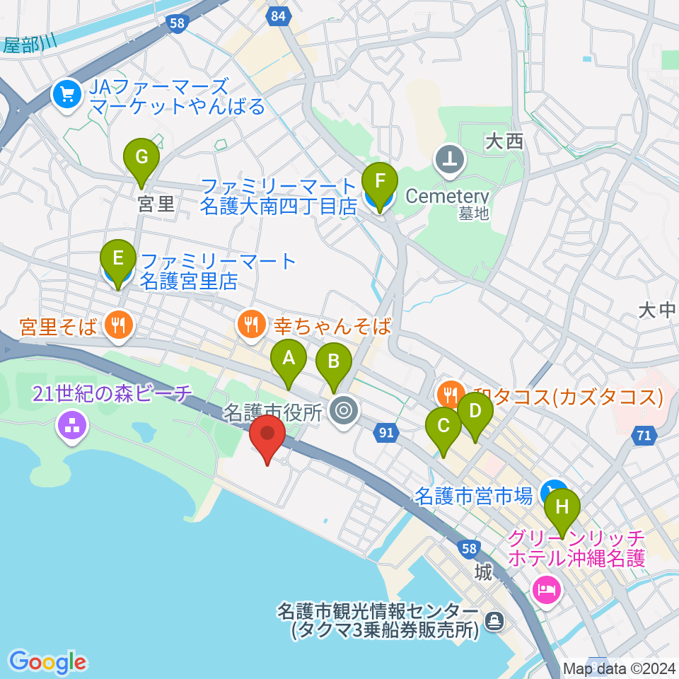 名護市民会館周辺のコンビニエンスストア一覧地図