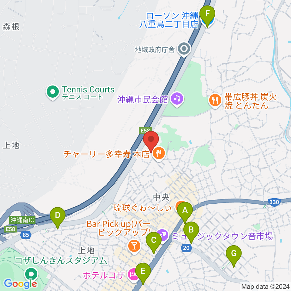 沖縄市民小劇場あしびなー周辺のコンビニエンスストア一覧地図